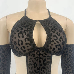 Sheer Mesh Patchwork Sexy Jumpsuit Clubwear Bodycon Overalls for Women Long Sleeve Party Club Outfits Skinny Leopard Jumpsuit