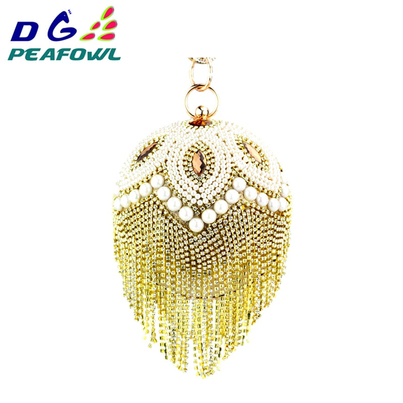DG PEAFLOW Round Circular Gold Diamond Tassel Bridal  Women Evening Party Crystal Clutch Bag Wedding Wristlets Purse Secondary image