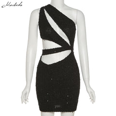 Macheda Summer Black Sexy Slim Dress Women Inclined Shoulder Sleevesess Hollow Out Party Clothing Fashion Lady Mini Dresses 2021