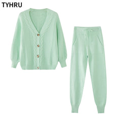 TYHRU Women Knitting 2-pieces sweater Suit Hemp Flower V-neck Single-Breasted cardigan + Pants lady winter sweater Set