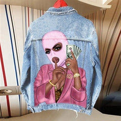 Women&#39;s retro street autumn and winter long-sleeved personalized printing foreign trade denim jacket women&#39;s single-breasted