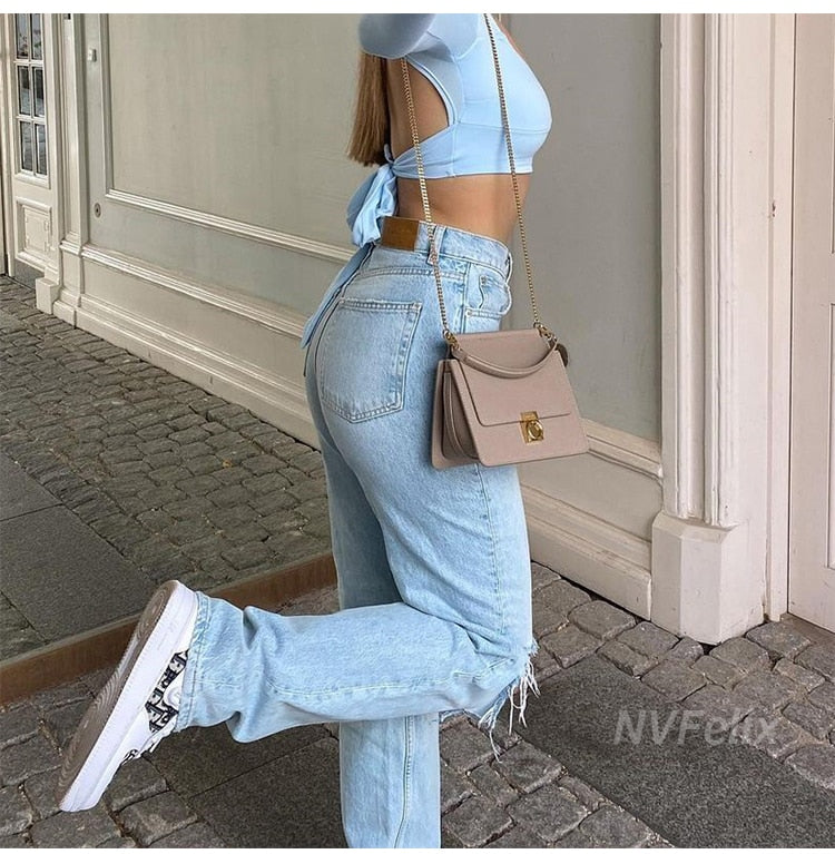 Loose Fit Jeans Ripped Wide Leg High Waist Blue Wash Casual Cotton Denim Trousers  Baggy Jean Pants