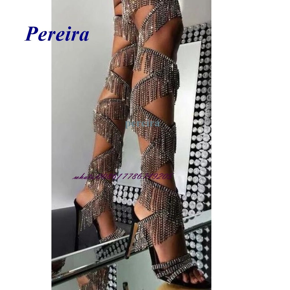 Pereira Open Toe Fringe Cross Tied Sandal Boots Over The Knee Stiletto Heel High Heel Sandals Summer Fashion Women Shoes Sexy