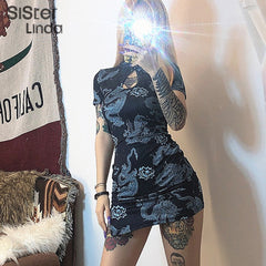 Sisterlinda Fashion Dragon Print Bodycon Mini Dress Women Short Sleeve Hollow Out Cheongsam Dresses 2020 Vestidos Dress Mujer