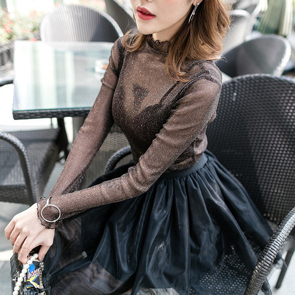 Mesh Sheer T-Shirts Long Sleeve Blouses  Transparent Tops