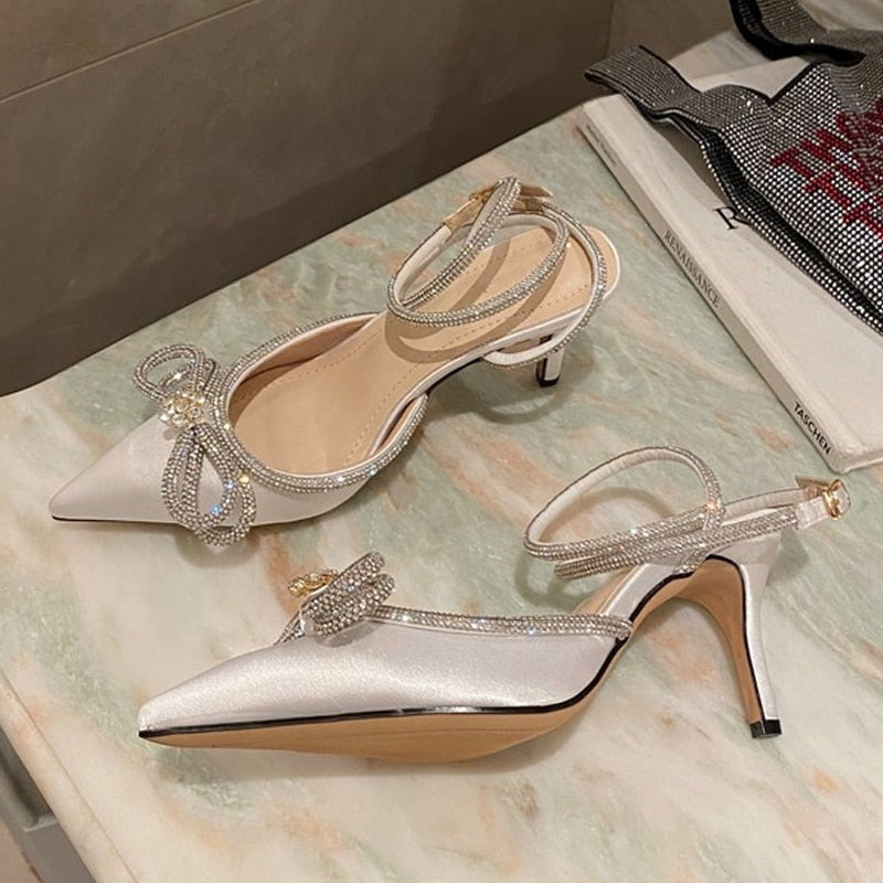 Glitter Rhinestones Women Pumps Crystal Bowknot Silk Pointed Toe Buckle Strap Thin High Heels Secondary image