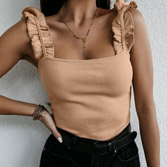 Tank Tops Women Square Collar Solid Knit Casual Basic Summer Ribbed Slim Ruffles Tops Women