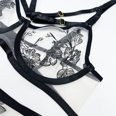 Aduloty Women&#39;s Erotic Underwear Thin Section See-Through Mesh Embroidery Sexy Lingerie Underwire Bra Garter Belt Thong Suit
