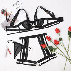 Ellolace Hollow Out Sensual Suspenders Lingerie Set Woman Hot Exotic Costumes Underwire Bra Thongs Porn Sexy Outfits 3-Piece