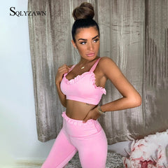 Summer Pink Ruffles Fitness Tracksuit Sleeveless Crop Top and Joggers Two Piece Sets Outfits Black Skinny Casual Active Wear