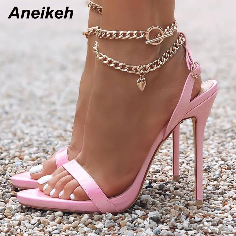 Aneikeh Sexy PU Shallow High Heel Sandals Women Summer 2022 NEW Pointed Toe Metal Chain Shoes Fashion Buckle Strap Party Sewing
