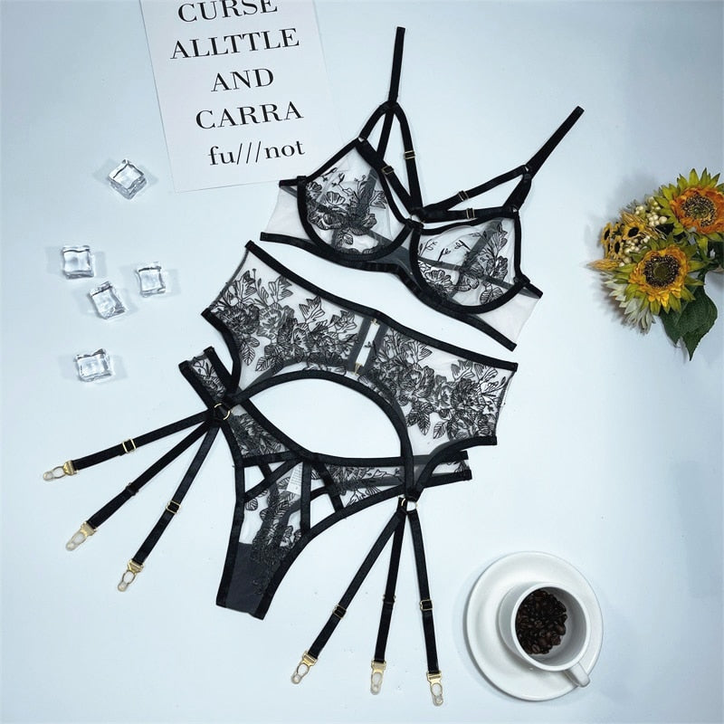 Aduloty Women&#39;s Erotic Underwear Thin Section See-Through Mesh Embroidery Sexy Lingerie Underwire Bra Garter Belt Thong Suit