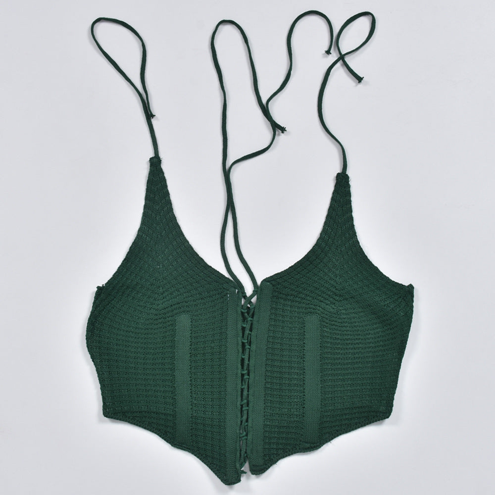 Knitted Halter Backless Hollow Out Crop Top