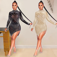 Rhinestone Pearl Mesh Sexy Dress Side Split Long Sleeve Elastic