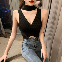 Women Knitting Halter Neck Cropped Tank Tops Female Knitted Crossed Sexy Camisole Sleeveless Solid T shirts Crop Tops