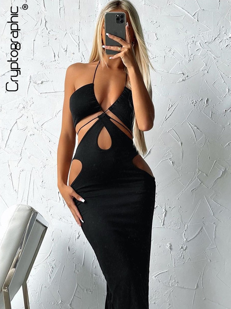 Cryptographic 2022 Summer Sexy Halter Cut Out Bandage Maxi Dress for Women Sleeveless Backless Outfits Party 2 Piece Dresses Set