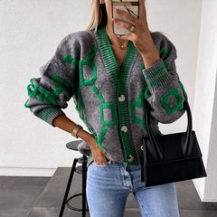 Women Cardigan Green Striped Pink Knit Button Lady Cardigans Sweaters V-neck Loose Casual Winter Fashion Knitted Coat