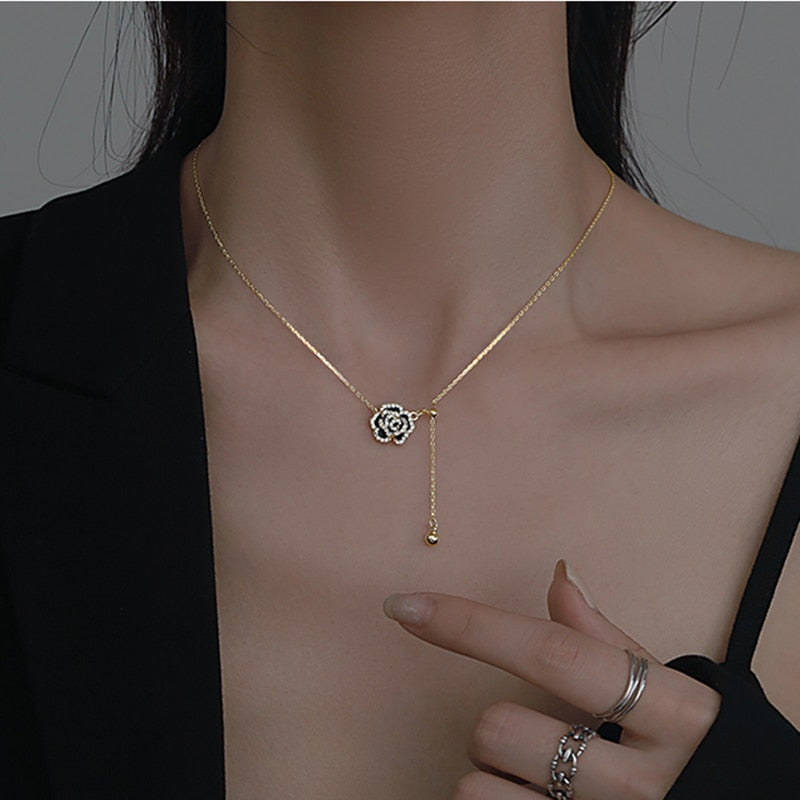 Elegant Black Camellia Necklace