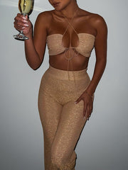 Dulzura Bling Glitter Women 2 Pieces Lace Up Halter Crop Top Wide Leg Pants Set Matching Suit Party Club Sexy 2022 Summer