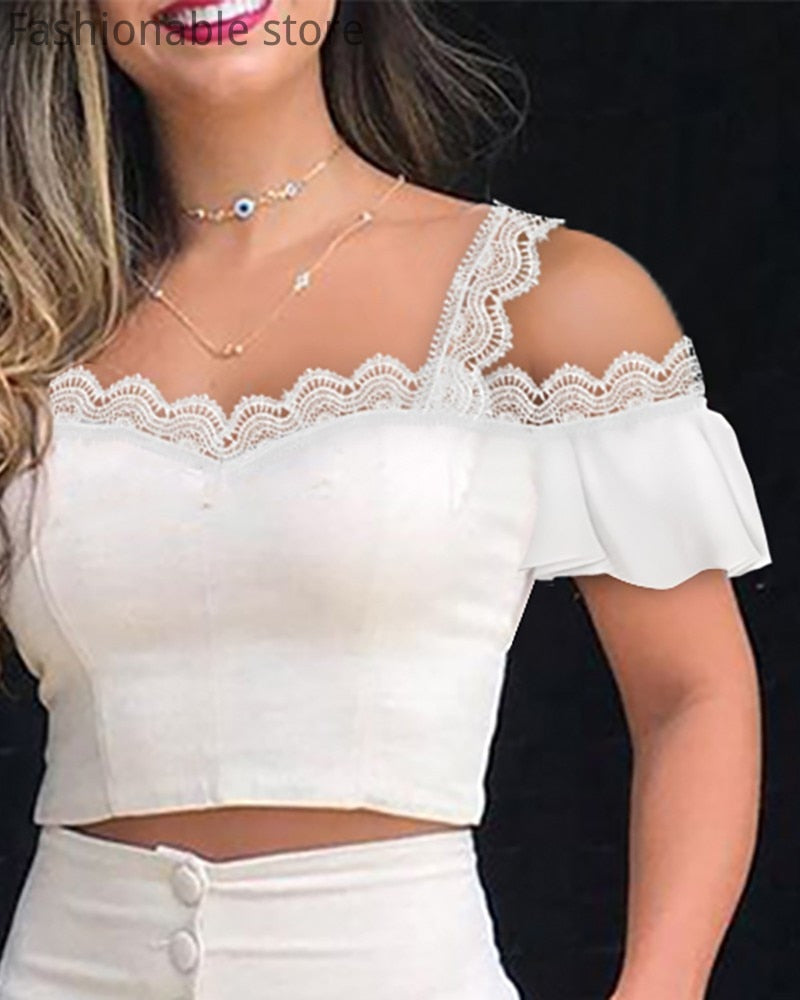 Women Two-Piece Set Cold Shoulder Lace Hem Solid Color Top &amp; High Waist Single-Breasted Shorts Sets