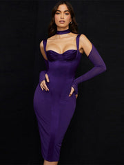 Karlofea Lady Long Sleeve Mesh Satin Patchwork Midi Dress Underwired Padded Bustier 2021 Elegant Chocker Slim Corset Party Dress