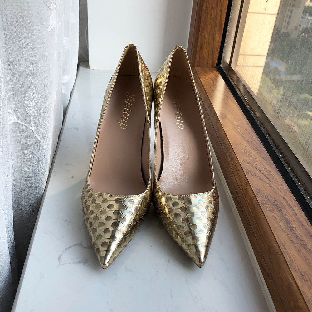 Golden Glitter Pointed Toe Stiletto High Heels Shiny Slip On Chic Pumps