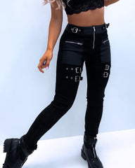 Spring Women Eyelet Buckled Zipper Design Pants 2022 Femme High Waist Belt Patchwork Skinny Trousers Cool Lady Clothing traf