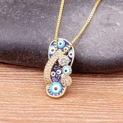 Rhinestone Enamel Slipper Pendant - Blue Evil Eye Necklace Chain Gold Plated