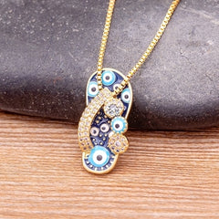 Rhinestone Enamel Slipper Pendant - Blue Evil Eye Necklace Chain Gold Plated