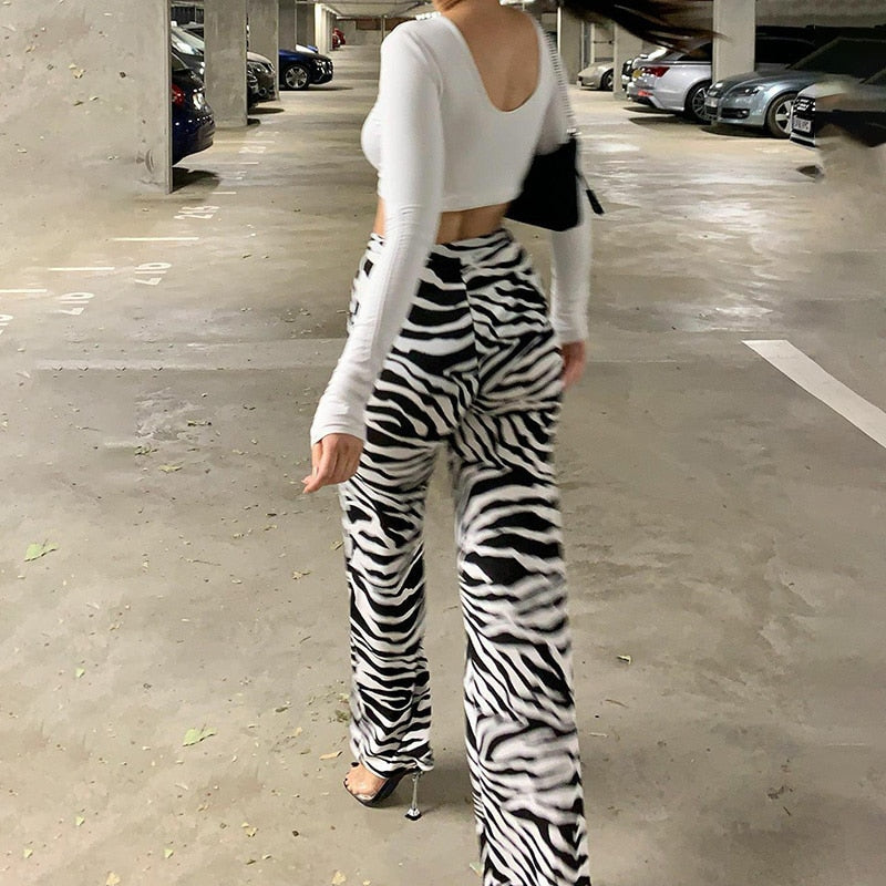 InstaHot Women&#39;s Flare Pant Animal Printed High Waist Autumn Streetwear Trousers 2020 Fashion Soft Female Striped Pantalones
