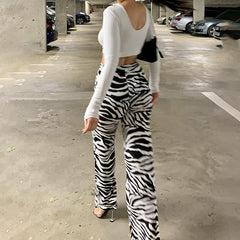 InstaHot Women&#39;s Flare Pant Animal Printed High Waist Autumn Streetwear Trousers 2020 Fashion Soft Female Striped Pantalones