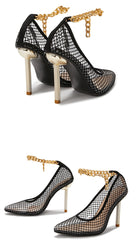 CHAIN Buckle Strap Lace Black Women Pumps PVC Transparent Mesh Thin Heels Shoes