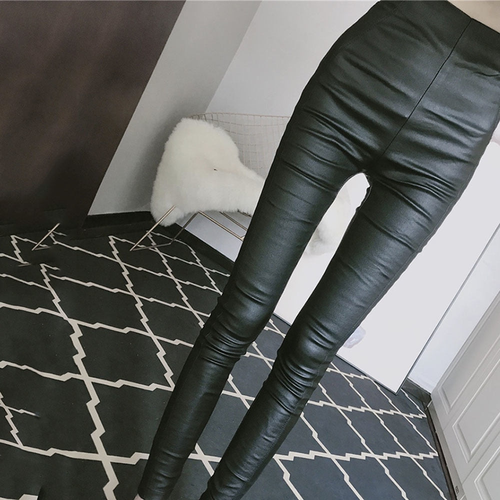 Goth Womens Stretch High Waist Pencil Pants Skinny PU Leather Leggings Trousers