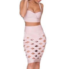 Adyce 2022 New Summer Women Pink Hollow Out Bandage 2 Two Pieces Sets Sexy Spaghetti Strap Tops&amp; Skirt Club Party Outwear Sets