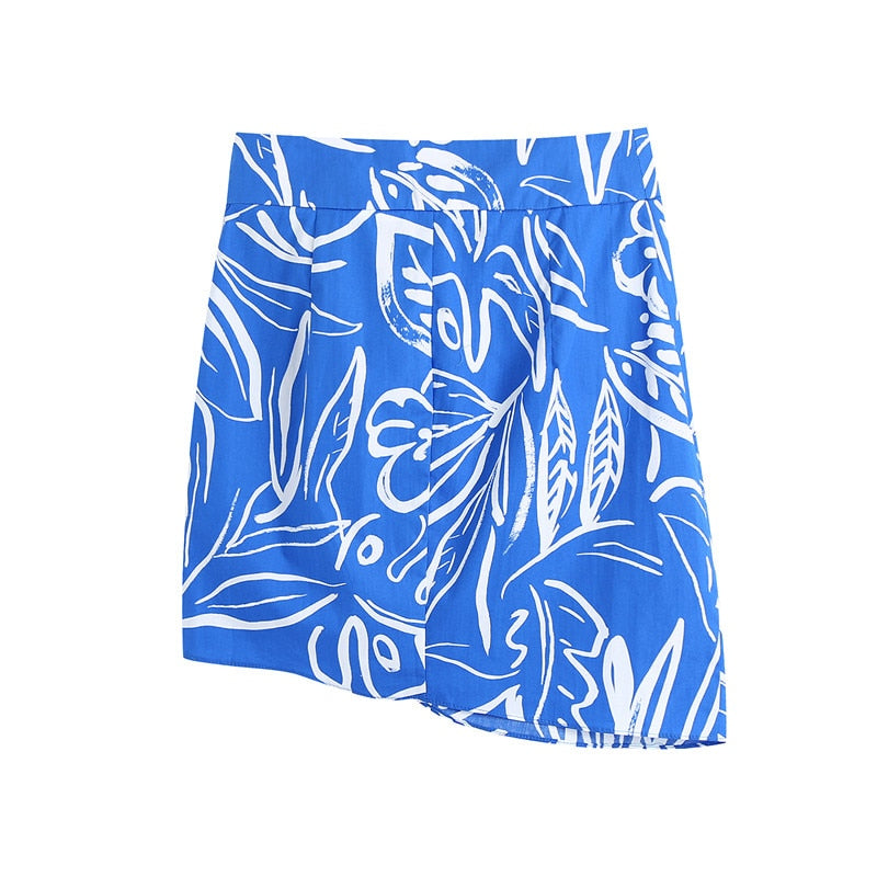 Blue Floral Asymmetrical Skirt Za 2021 Women High Waist Buttons Ruched Bodycon Mini Sexy Faldas Cortas Summer Jupe Femme Snican