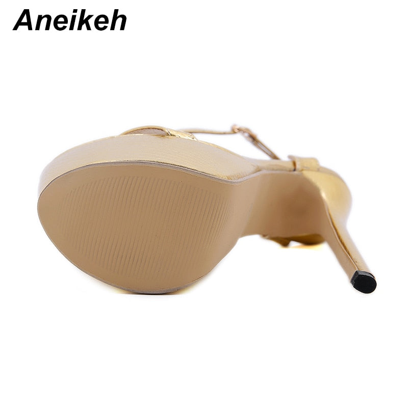 Aneikeh NEW Sexy Sandals Women Bling Golden PU Peep Toe Stripper High Heel Sandals Summer Fashion Buckle Strap Thin Heels Slides