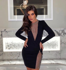 Beading Long Sleeve Rayon Bandage Sexy Hollow Out Mini Runway Dress