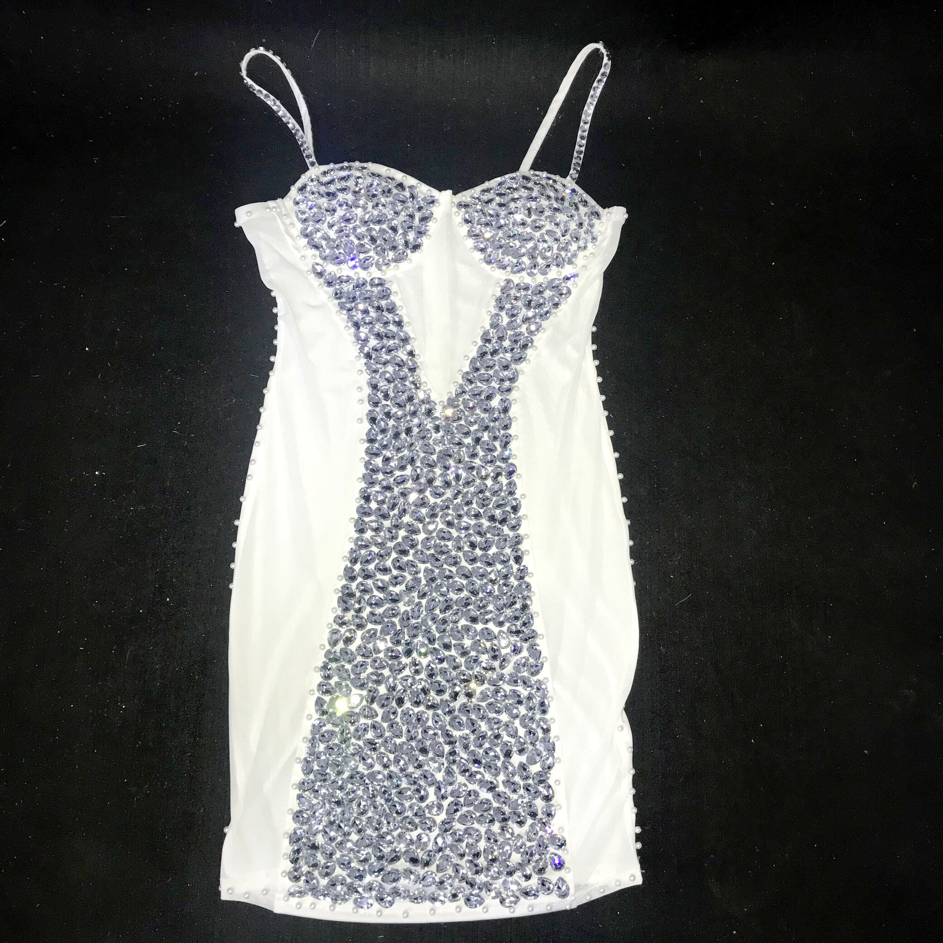 Glisten Pearls Silver Stones Mesh Dress Women Singer Stage Wear Transparent Evening Birthday Party Sexy Short Dress