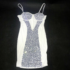 Glisten Pearls Silver Stones Mesh Dress Women Singer Stage Wear Transparent Evening Birthday Party Sexy Short Dress