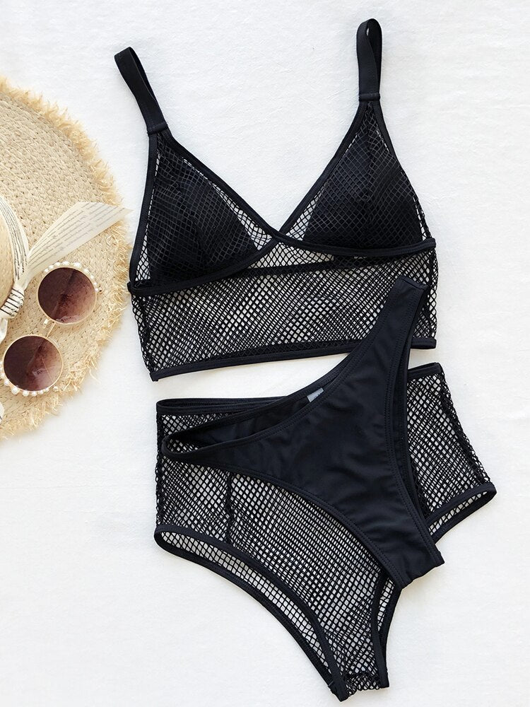 2022 New Sexy Mesh Three Pieces Bikini Set Brazilian Swimwear Women Swimsuit Female Bikini Bathers Bathing Suit Summer Beachwear