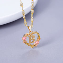 GOLD PLATED CUSTOMIZED HEART FLOWER INITIAL LETTER PENDANT ROSE GOLD HEART INITIAL LETTER RING