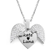 Personalized Women Chain Necklace Custom Engraved Heart Name Openable Heart Crystal Wings Pendant Neklace Valentine Day Gift