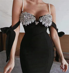 Black Diamonds Women Bandage Dress Off Shoulder Strapless Strap Bodycon