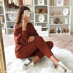 2 Piece Set Casual Knitted Tracksuit Sportswear Warm Sweater + Long Pants Outfits