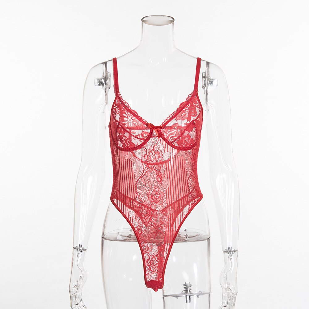Yimunancy Floral Sheer Lace Bodysuit Women Backless Transparent Mesh Bodysuit Bow Sexy Bodysuit Ladies Cut Out Strap Jumpsuit
