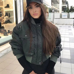 Green short jackets women fashion long sleeve zipper bomber jacket