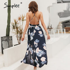 Simplee Sexy backless boho print split maxi dress Women sleeveless cross lace up beach summer dress Soft chiffon long dress robe