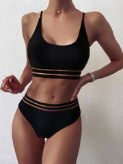 Webbing Patchwork Padded Bra High Waist Swimsuit