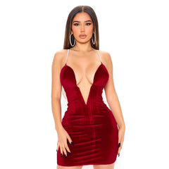 Olivia's V Neck Bodycon Velvet Sleeveless Straps Mini Dress.