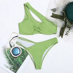 Sexy Hollow Out Bikini 2022 New One Shoulder Swimwear Women Swimsuit Female Two Pieces Bikini Set Solid Bathing Suits Beachwear